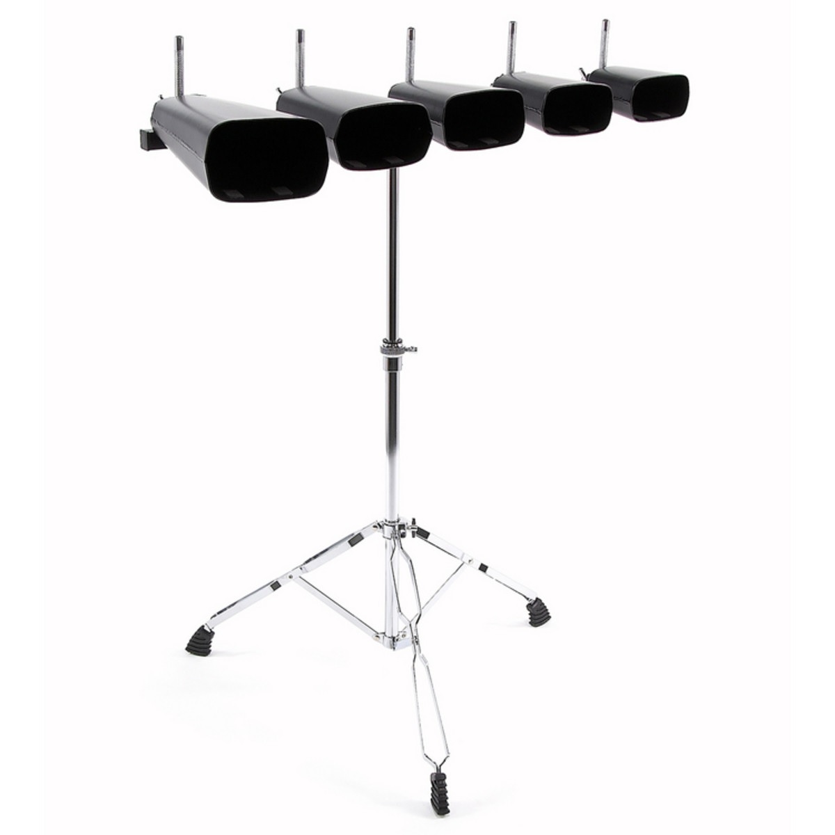 Set of 5 cowbell with doublefeet and adjustable heigh stand.