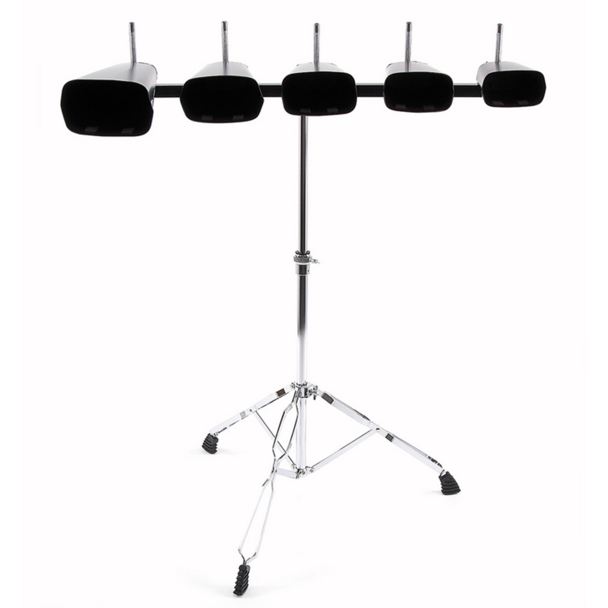 Set of 5 cowbell with doublefeet and adjustable heigh stand.