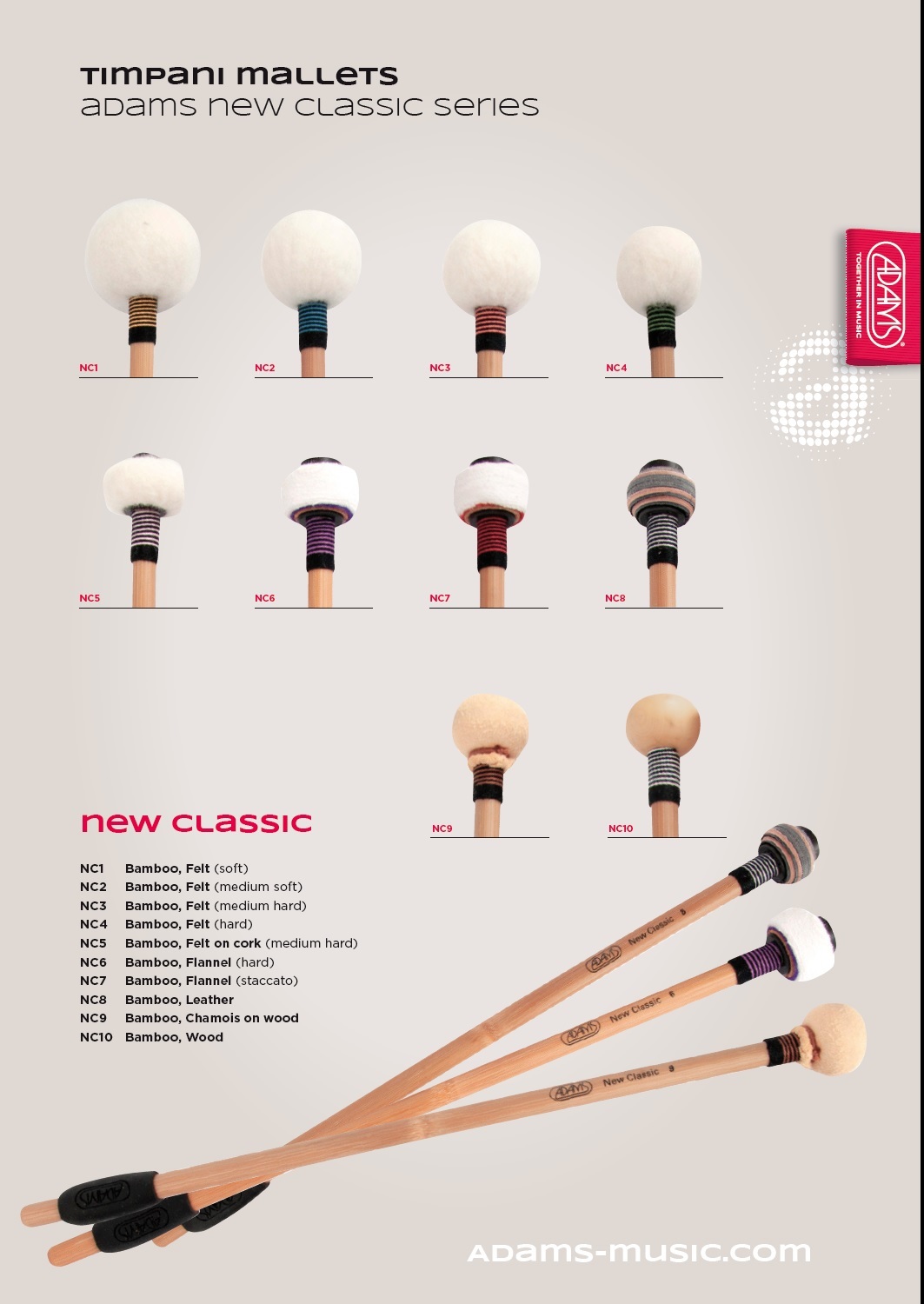 Timpani Mallets Adams Classic Series NC4, Bamboo-Felt, Hard